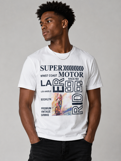 52-655 Super Motor / Motorbike Ostin Printed T-Shirt in White