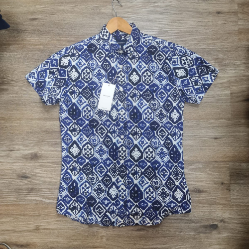 Springfield Shirt Sleeve Shirt Navy & White Tile Print