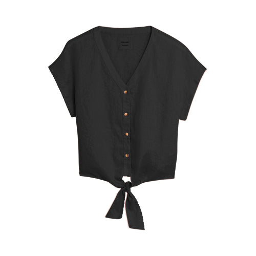 Marks & Spencer 100% Pure Linen Tie-Front Short Sleeve Top Black