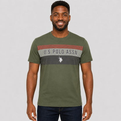 US Polo Association Stripe Design Printed T-Shirt in Army Green