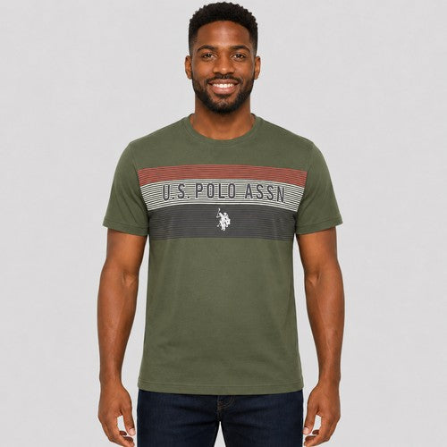 US Polo Association Stripe Design Printed T-Shirt in Army Green