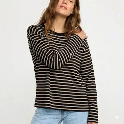 Lindex Loose Fit Long Sleeve Striped T-Shirt in Black & Beige