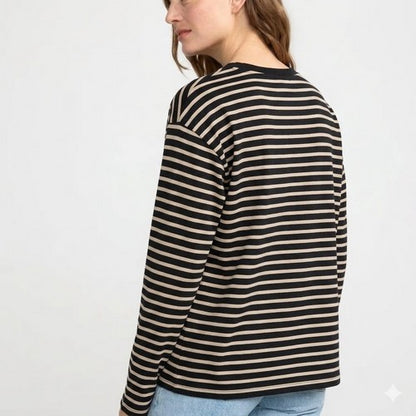 Lindex Loose Fit Long Sleeve Striped T-Shirt in Black & Beige