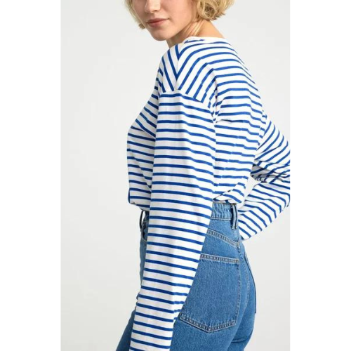 Lindex Loose Fit Long Sleeve Striped T-Shirt White/Blue
