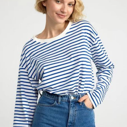 Lindex Loose Fit Long Sleeve Striped T-Shirt White/Blue