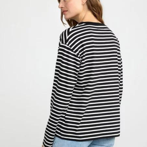 Lindex Loose Fit Long Sleeve Striped T-Shirt Black/White