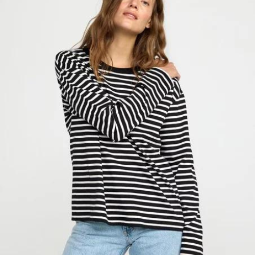Lindex Loose Fit Long Sleeve Striped T-Shirt Black/White