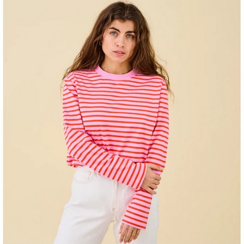 Lindex Loose Fit Long Sleeve Striped T-Shirt in Pink & Red