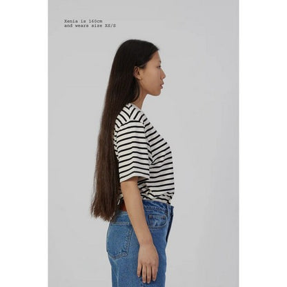 Lindex Loose Fit Long Sleeve Striped T-Shirt in White & Black