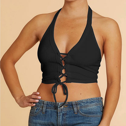 Lace Up Halter Crop Top Black