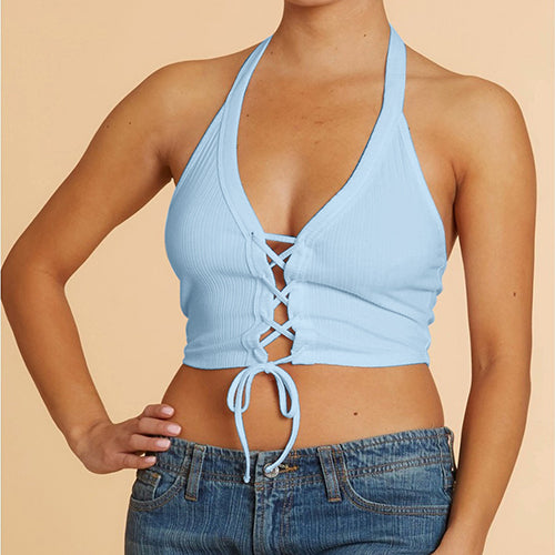 Lace Up Halter Crop Top Blue