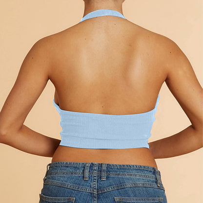 Lace Up Halter Crop Top Blue