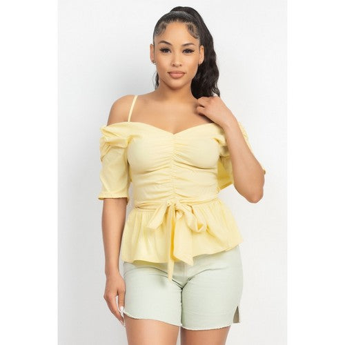 Off-Shoulder V-Back Tie-Waist Top Baby Yellow