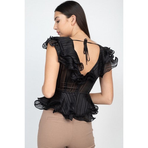 Shadow Stripe Ruffle Top Black