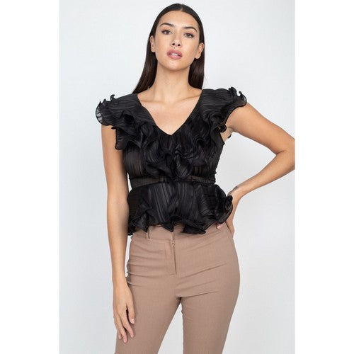 Shadow Stripe Ruffle Top Black