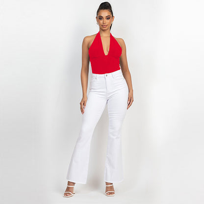 Plunge Halter Neck Thong Bodysuit in Red