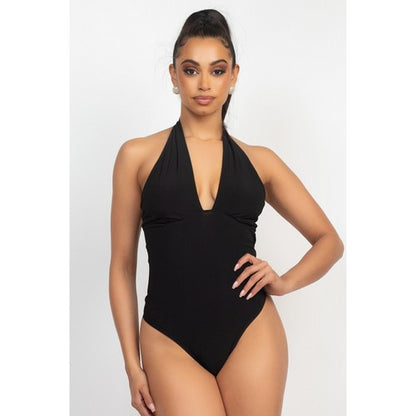 Plunge Halter Neck Thong Bodysuit in Black