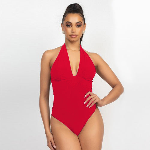 Plunge Halter Neck Thong Bodysuit in Red