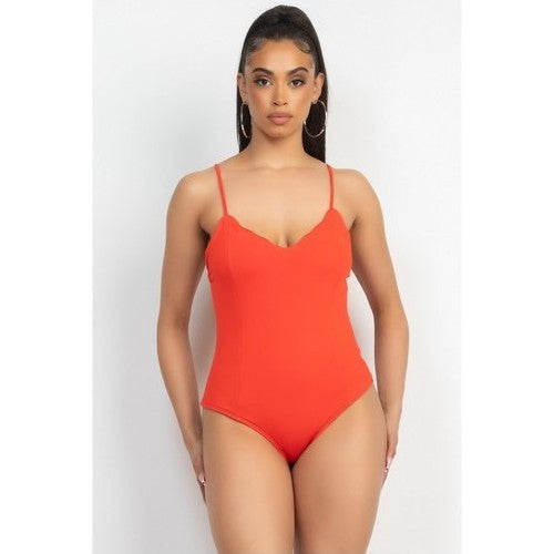 Scallop Thong Bodysuit Red