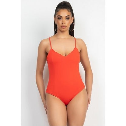 Scallop Thong Bodysuit Red