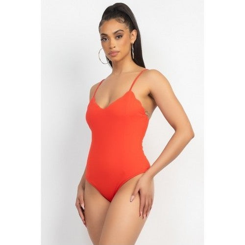 Scallop Thong Bodysuit Red