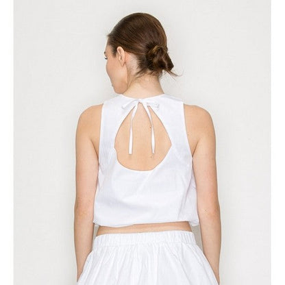 Cut-Out Back Balloon Crop Top in White