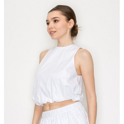 Cut-Out Back Balloon Crop Top in White