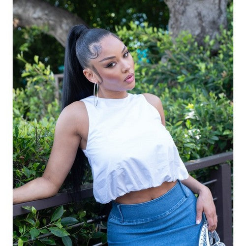 BT03916 Ballon Back Cut-out Crop Top in White