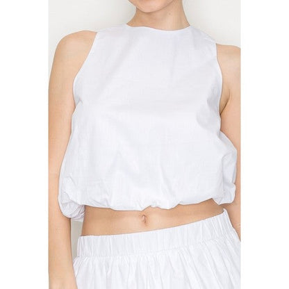 Cut-Out Back Balloon Crop Top in White