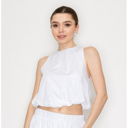 Cut-Out Back Balloon Crop Top in White