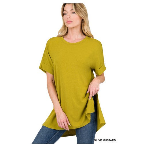 RT-1628AB Roll Sleeve Slit Hi-Lo T-Shirt Olive Mustard