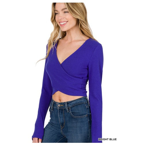 RT-8312A Ribbed Wrap Crope Top Bright Blue