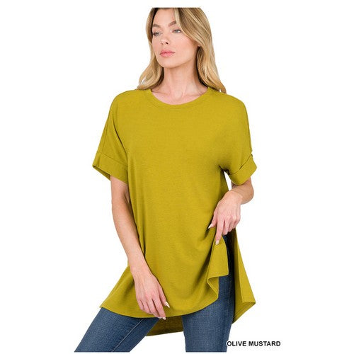 RT-1628D4 Roll Sleeve Slit Hi-Low T-Shirt Olive Mustard