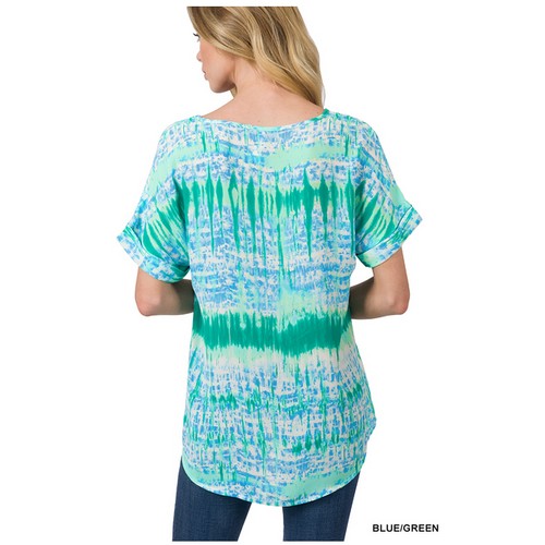 Printed Roll Sleeve V-Neck T-Shirt Blue/Green