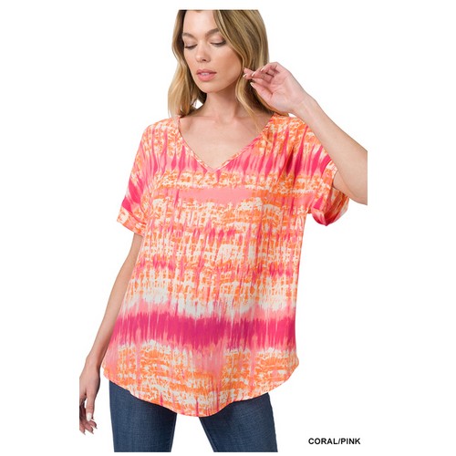 QTL-1201AB Printed Roll Sleeve V-Neck T-Shirt Coral/Pink