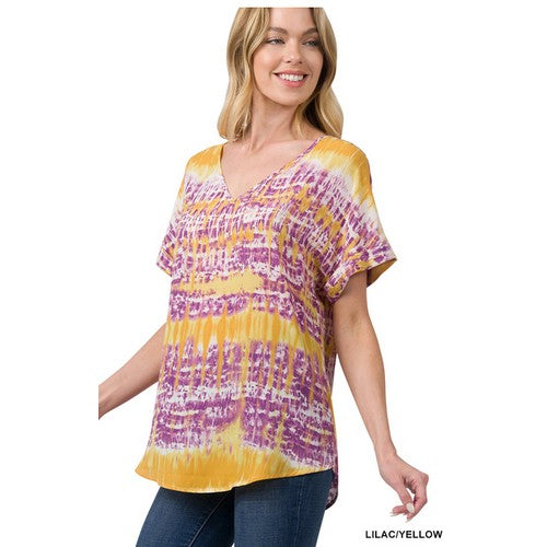 QTL-1201AB Printed Roll Sleeve V-Neck T-Shirt Lilac/Yellow