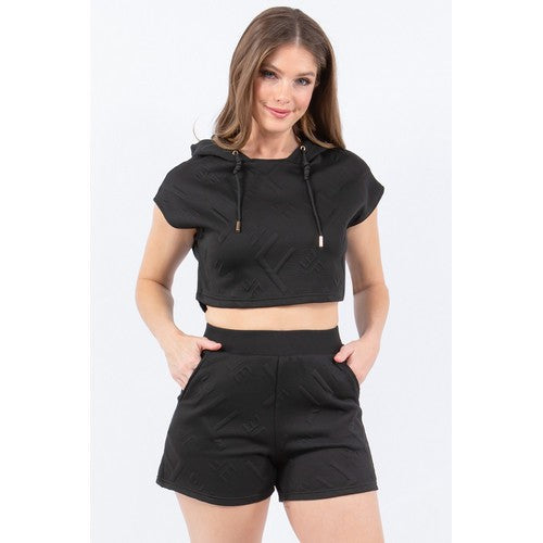 JAC103F Embossed Lettering Cropped Top Black