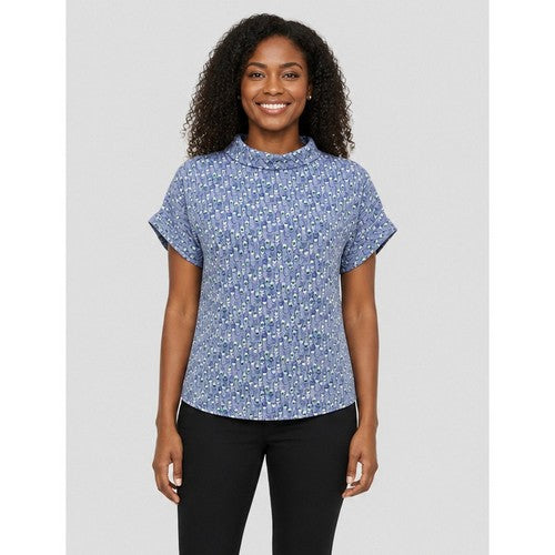 Smith Collection High Neck Peackcock Pattern Blouse in Blue