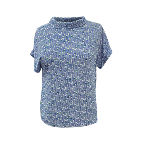 Smith Collection High Neck Peackcock Pattern Blouse in Blue