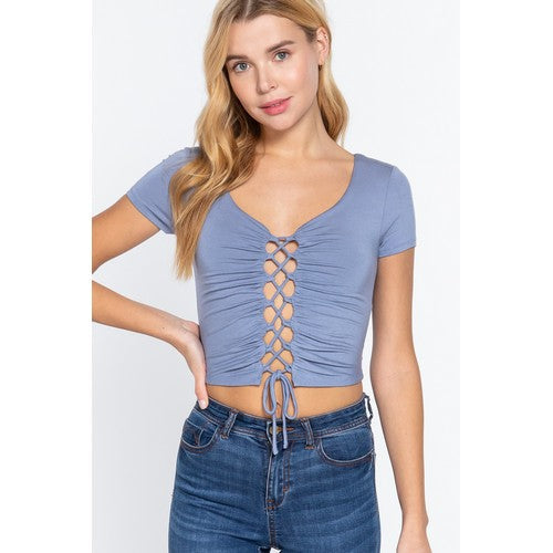 T12931 Lace Up Crop Top Iris Blue