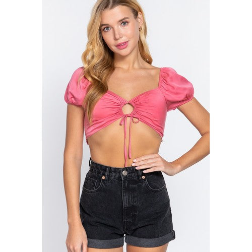 T13141 Tie Front Satin Crop Top Bubble Pink