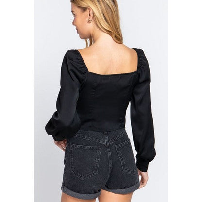 Tie Front Satin Crop Top Black