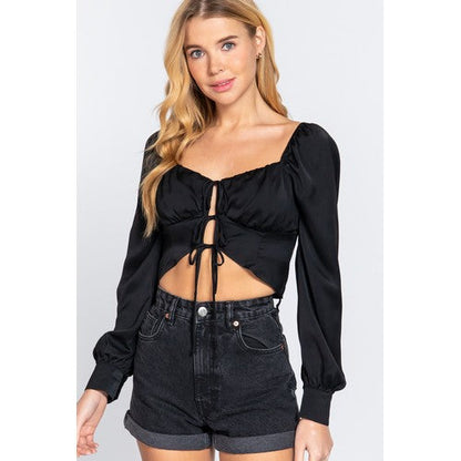 T13240 Tie Front Satin Crop Top Black