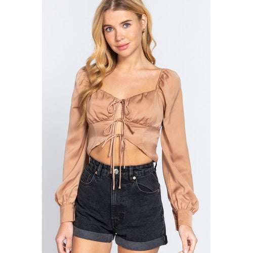 T13240 Tie Front Satin Crop Top Caramel