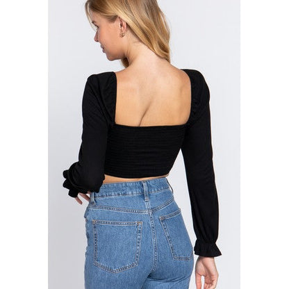 Twist Front Long Sleeve Crop Top Black