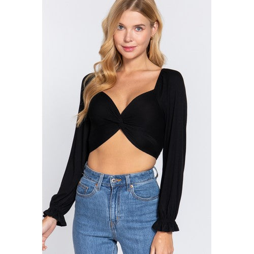 T13269 Twist Front Long Sleeve Crop Top Black