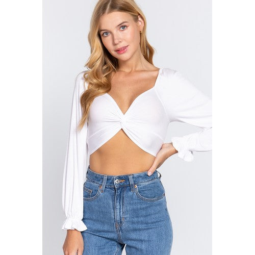 T13269 Twist Front Long Sleeve Crop Top Off White