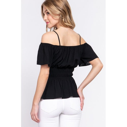 Off The Shoulder Smock Waist Top Black