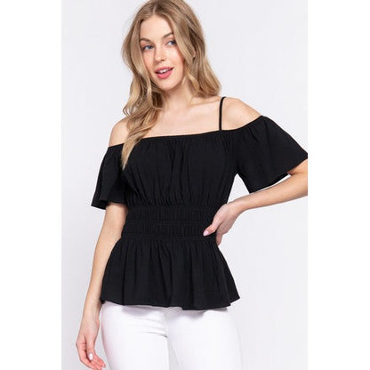 T13423 Off The Shoulder Smock Waist Top Black