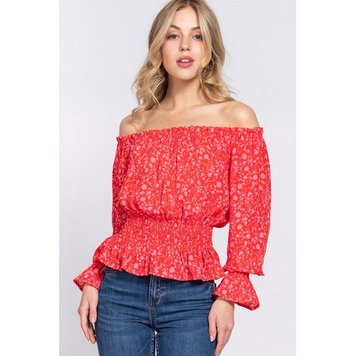 T13602 Off The Shoulder Floral Gypsy Top Red & Pink